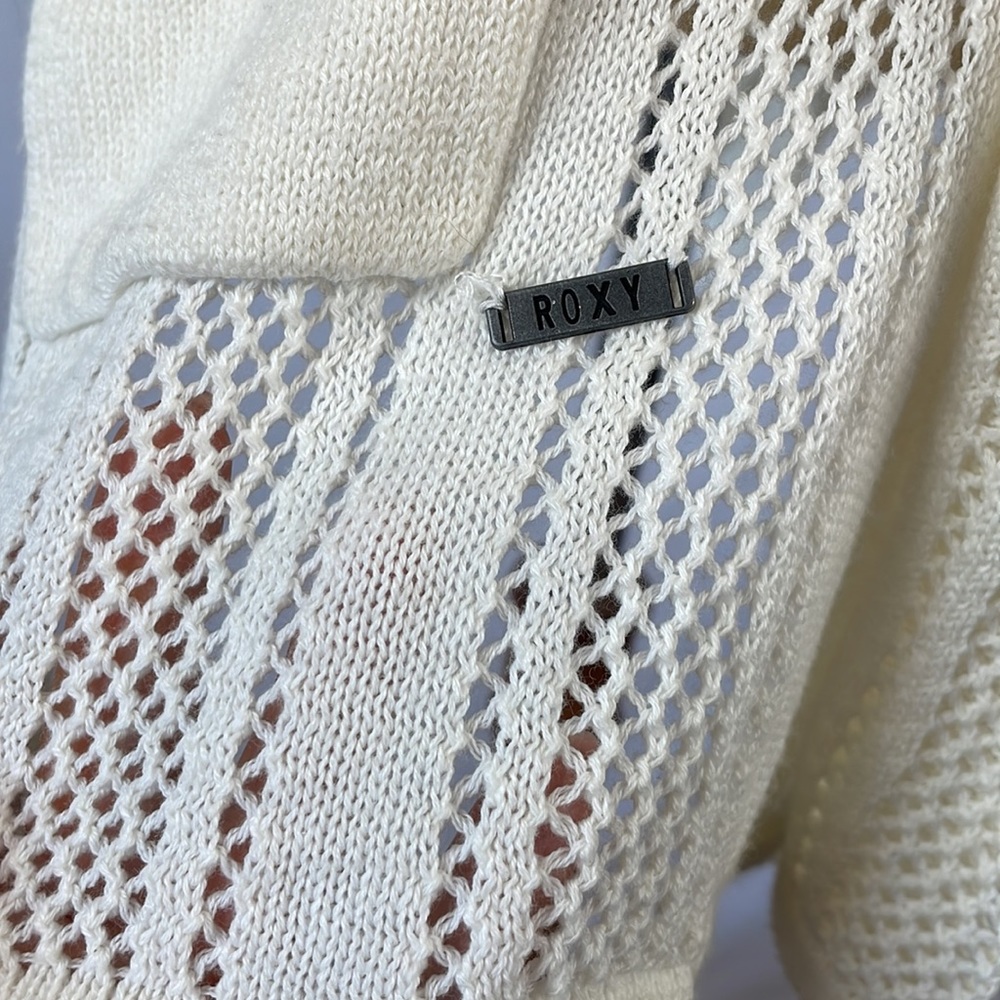 Roxy Cream Long Knit Cardigan Sweater w/Front Pockets & Asymmetrical Hem - Small - Picture 4 of 12